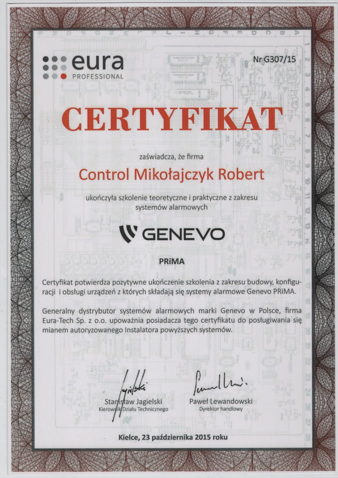 Skan certyfikatu firmy Control Mikołajczyk Robert, potwierdzający ukończenie szkolenia z zakresu systemów alarmowych Genevo PRIMA, wydany 23 października 2015 roku w Kielcach przez Eura-Tech Sp.