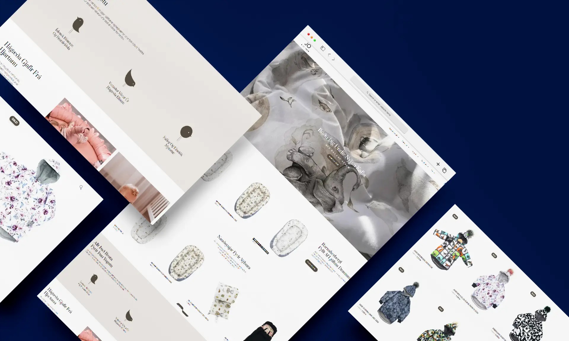 Prezentacja responsywnego projektu strony internetowej sklepu z artykułami dla dzieci, wyświetlana na nachylonych ekranach laptopów na granatowym tle.