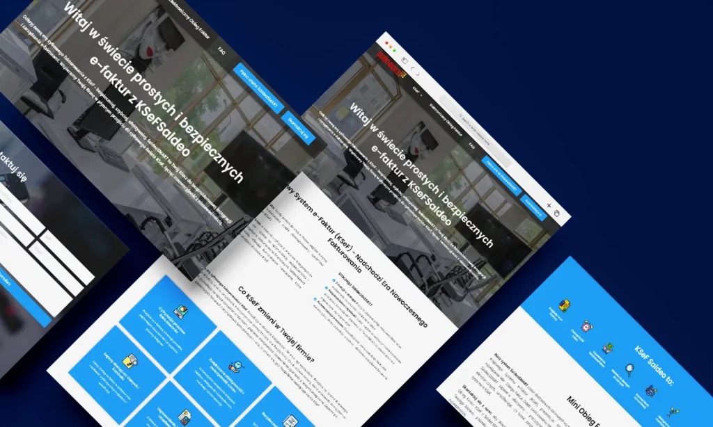 Wielokrotne ujęcie ekranów z otwartą stroną internetową prezentującą system e-faktur KSeFSaldeo, na ciemnoniebieskim tle.