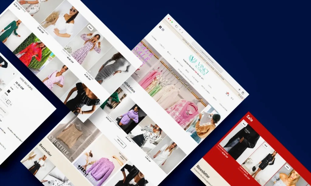 Ekrany laptopów wyświetlają różne strony e-commerce z odzieżą damską, nachylone pod różnymi kątami na ciemnoniebieskim tle, prezentacja sklepu internetowego.