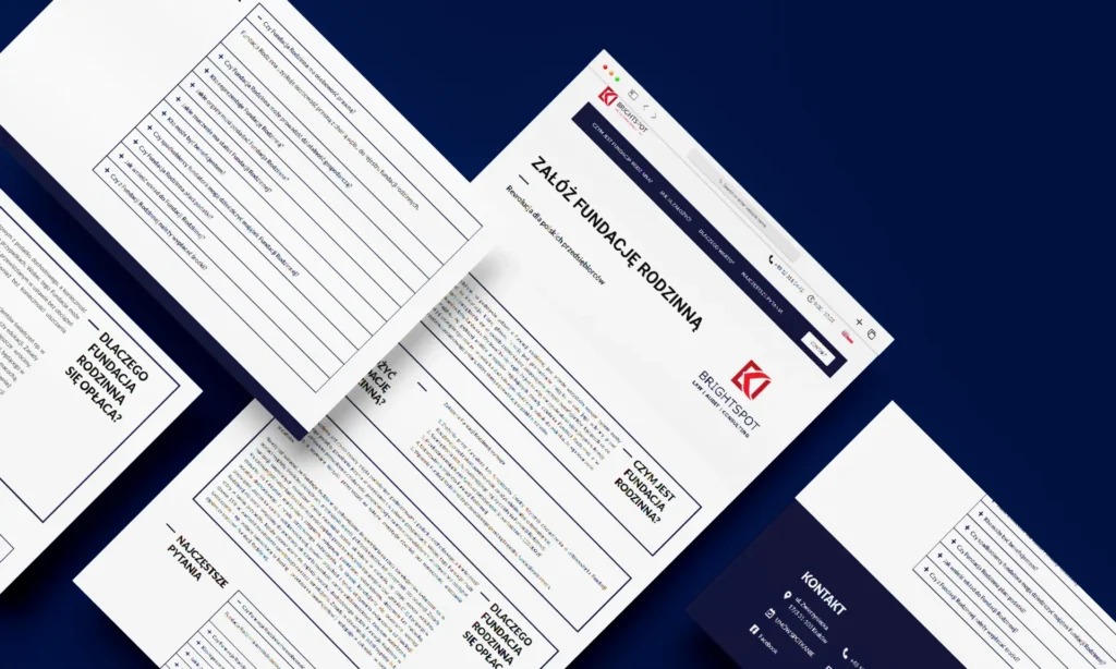 Prezentacja strony internetowej na laptopie z widocznymi dokumentami o fundacji rodzinnej, na ciemnoniebieskim tle, z perspektywy lekko z góry.