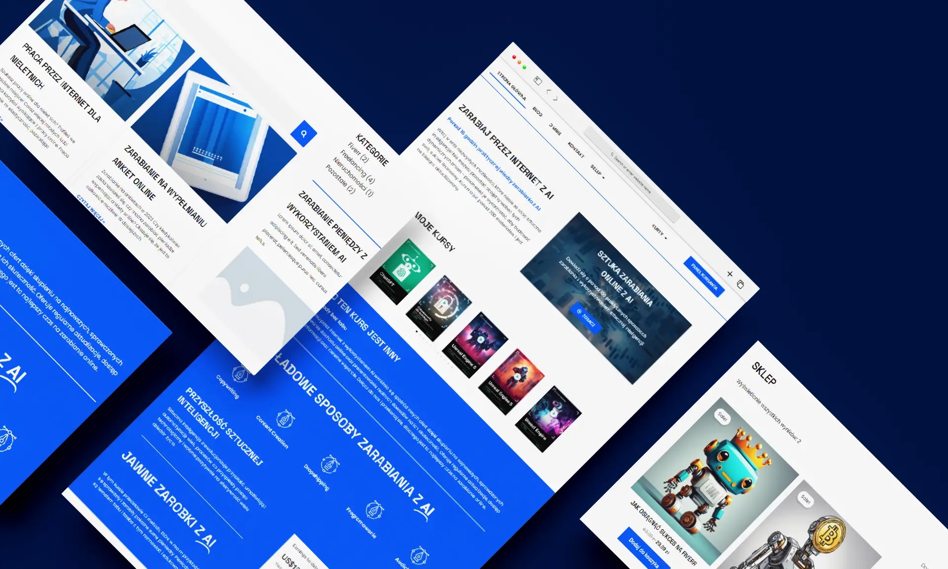 Układ stron internetowych z motywem zarabiania online z wykorzystaniem sztucznej inteligencji, widoczne sekcje kursów, bloga i sklepu z robotem na Fiverr.