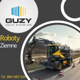 Grafika reklamowa firmy budowlanej Guzy Usługi Budowlane, prezentująca żółto-czarną koparkę Volvo na tle krajobrazu i drogi, z logo firmy w lewym górnym rogu i napisem 'Roboty Ziemne' oraz numerem...