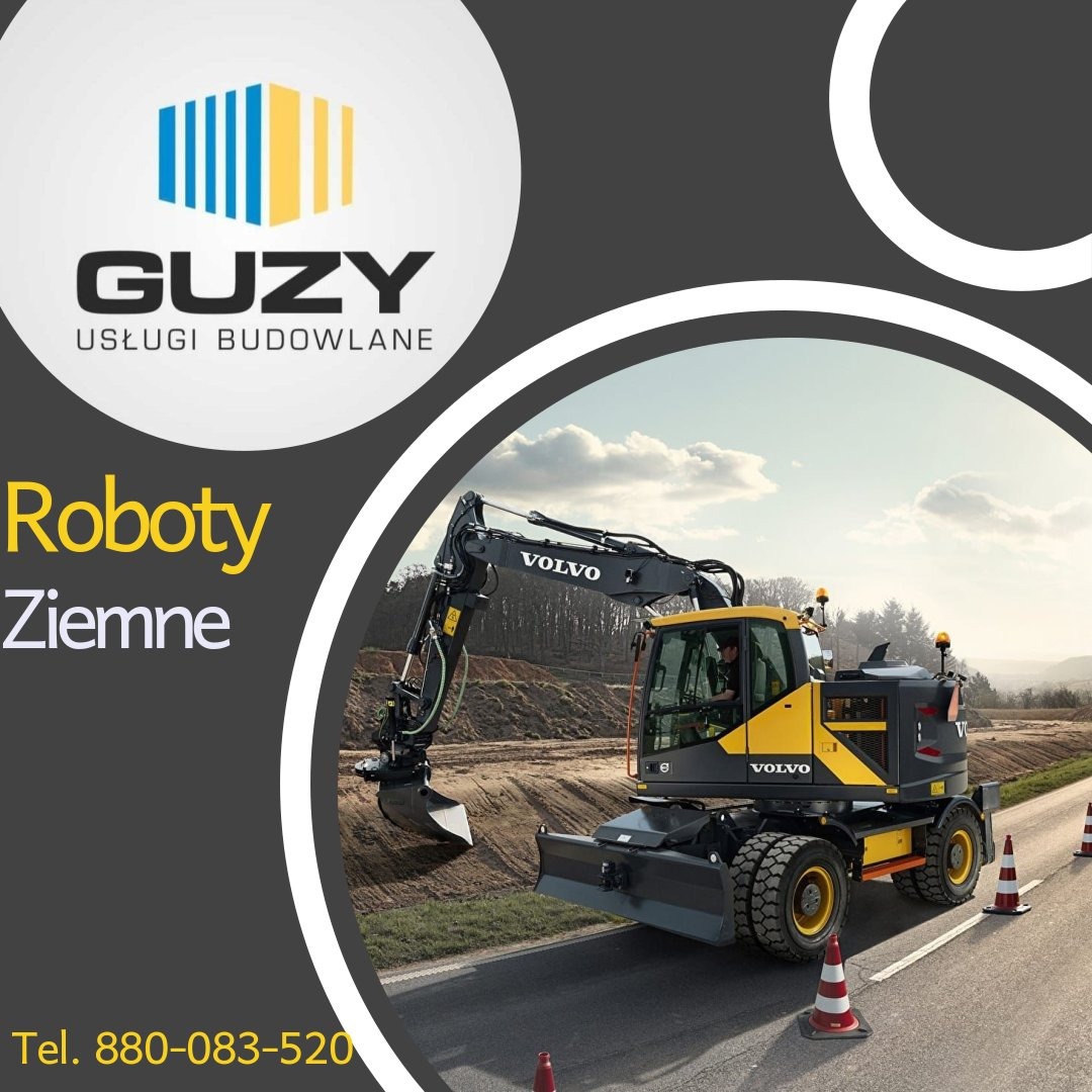 Grafika reklamowa firmy budowlanej Guzy Usługi Budowlane, prezentująca żółto-czarną koparkę Volvo na tle krajobrazu i drogi, z logo firmy w lewym górnym rogu i napisem 'Roboty Ziemne' oraz numerem...