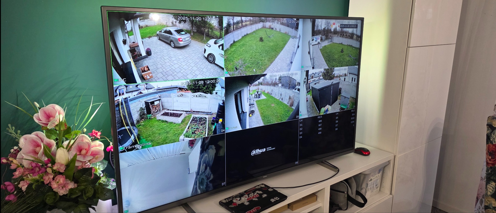 Ekran monitora z podglądem z kamer monitoringu posesji, widoczne samochody, ogród i budynki. Na pierwszym planie kwiaty i elementy wyposażenia wnętrza.