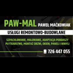 Logo firmy remontowo-budowlanej Paw-Mal Paweł Maćkowiak oferującej szpachlowanie, malowanie, adaptacje poddaszy, płytkarstwo, montaż drzwi, okien, paneli i winyli, z numerem telefonu 726 447 055...