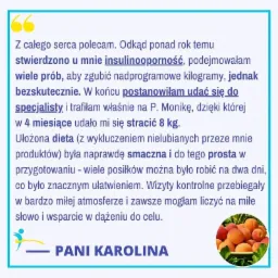 Referencje od Pani Karoliny z tekstem o skutecznej diecie i utracie 8 kg w 4 miesiące, z ilustracją brzoskwiń w prawym dolnym rogu.