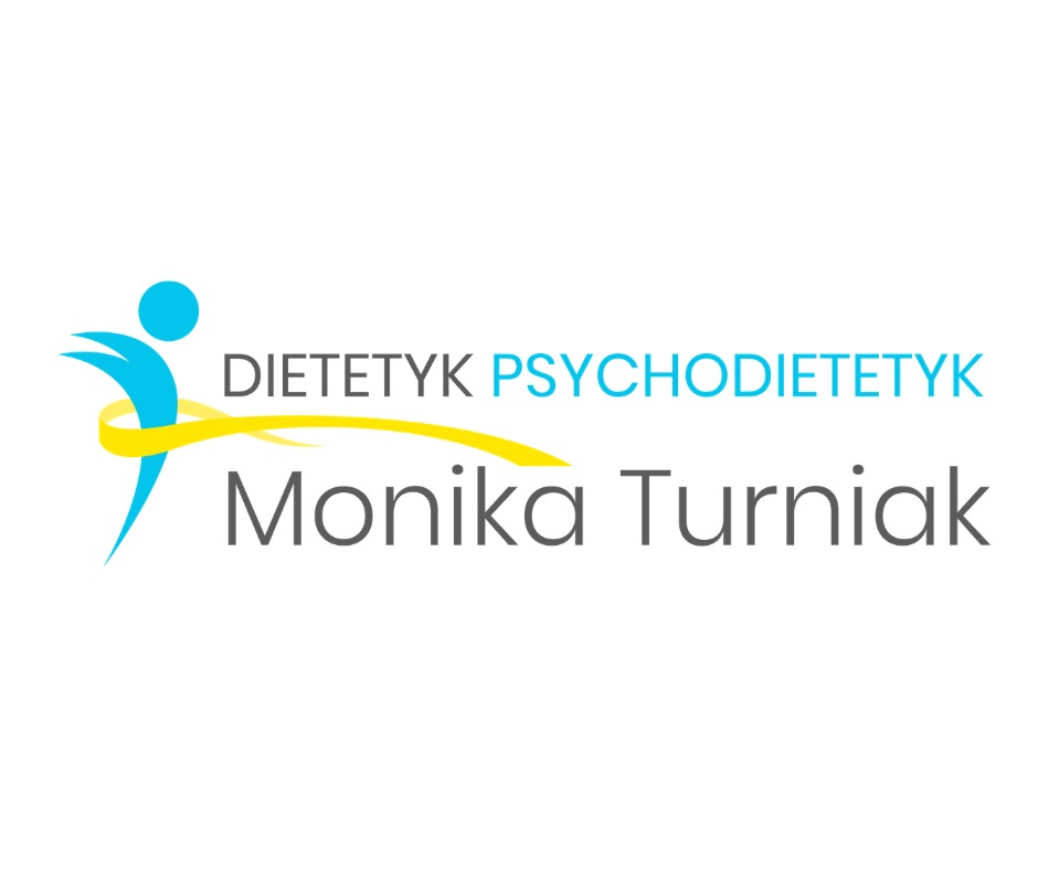 Logo firmy: Stylizowana sylwetka osoby w ruchu, napis Dietetyk Psychodietetyk oraz imię i nazwisko Monika Turniak.