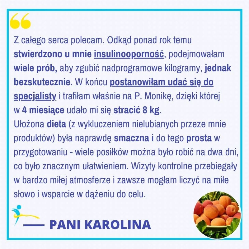 Referencje od Pani Karoliny z tekstem o skutecznej diecie i utracie 8 kg w 4 miesiące, z ilustracją brzoskwiń w prawym dolnym rogu.