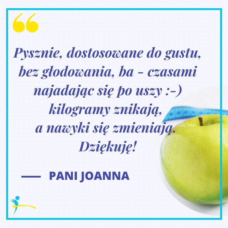 Cytat Pani Joanny o diecie: Pysznie, dostosowane do gustu, bez głodowania, kilogramy znikają, a nawyki się zmieniają, obok zielone jabłko i miarka.