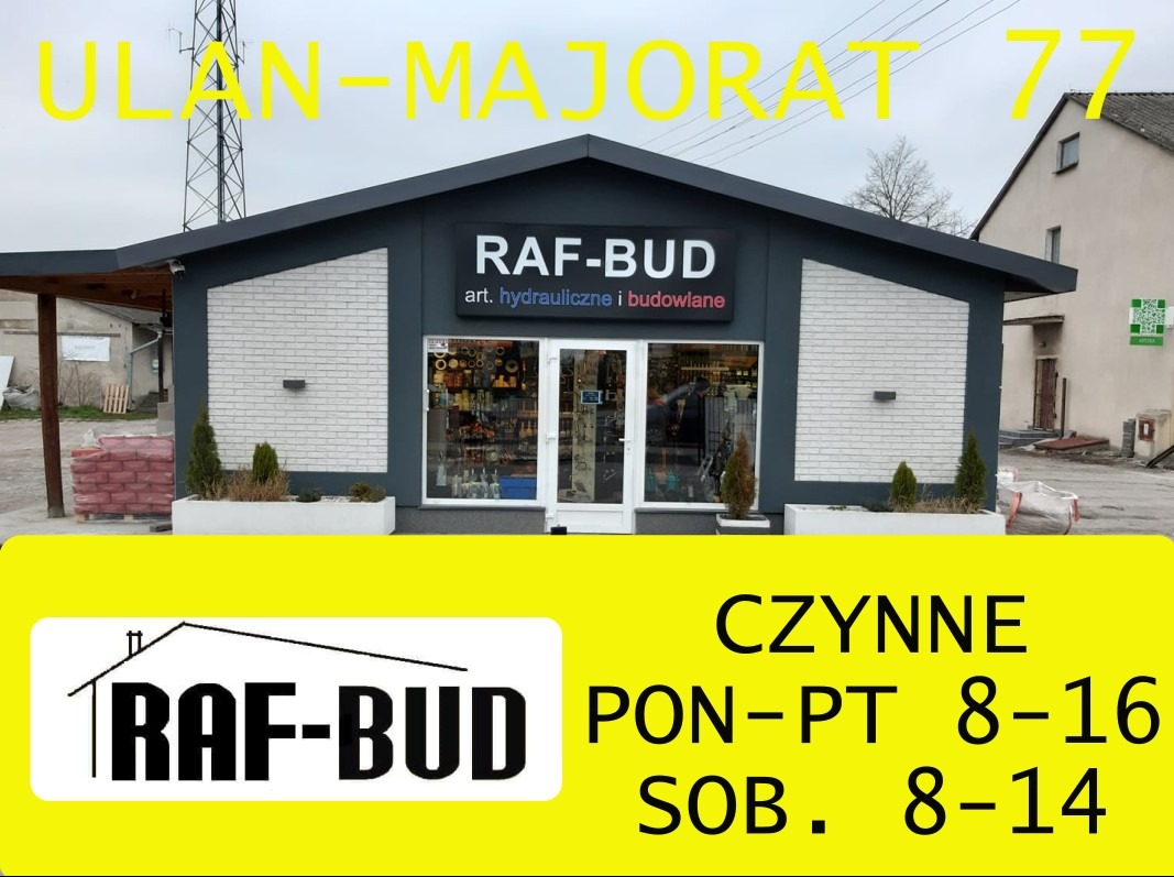Fasada budynku firmy RAF-BUD, specjalizującej się w artykułach hydraulicznych i budowlanych. Widoczna elewacja z białej cegły, szara rama okienna i czarny dach. Na oknie widoczne narzędzia...