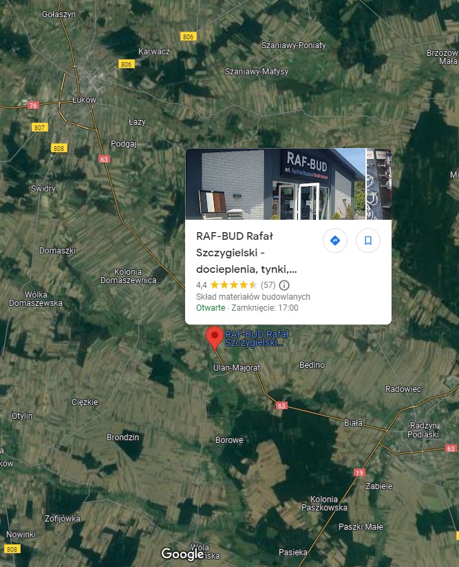 Mapa z zaznaczoną lokalizacją składu budowlanego RAF-BUD Rafała Szczygielskiego, oferującego docieplenia i tynki, widok na budynek firmy z ekspozycją materiałów budowlanych.