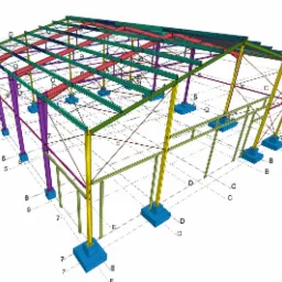 Wizualizacja 3D konstrukcji stalowej hali z elementami oznaczonymi literami, prezentująca szkielet budynku z fundamentami, słupami, belkami i wiązaniami.