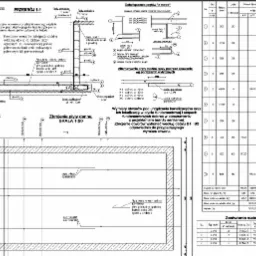 Schemat zbrojenia płyty dennej i przekroju ściany fundamentowej z detalami połączeń prętów, wymiarami otworów i zestawieniem siatek zbrojeniowych.
