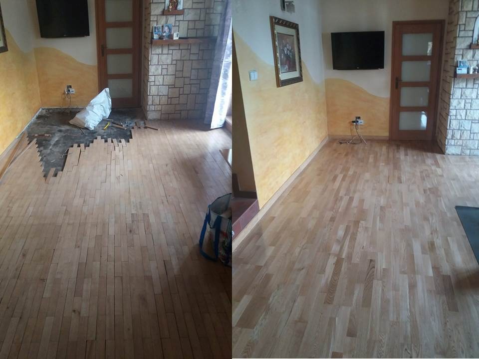 Porównanie stanu podłogi przed i po renowacji: po lewej fragment zdemontowanego parkietu z widocznymi pozostałościami kleju, po prawej odnowiona, jasna drewniana podłoga parkietowa w salonie...