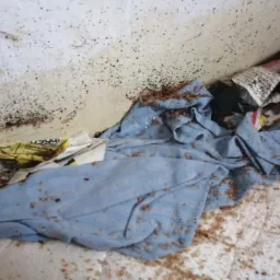 Silnie zapluskwiona pościel i ściana z widocznymi odchodami pluskiew, gazety w tle.