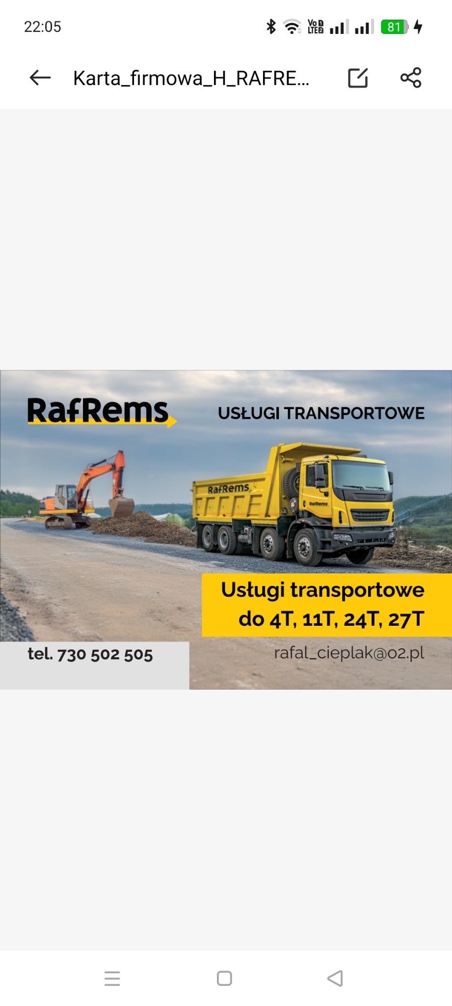 Karta firmowa z pomarańczową koparką i żółtą wywrotką z logo RafRems, oferująca usługi transportowe do 27T, z numerem telefonu i adresem e-mail