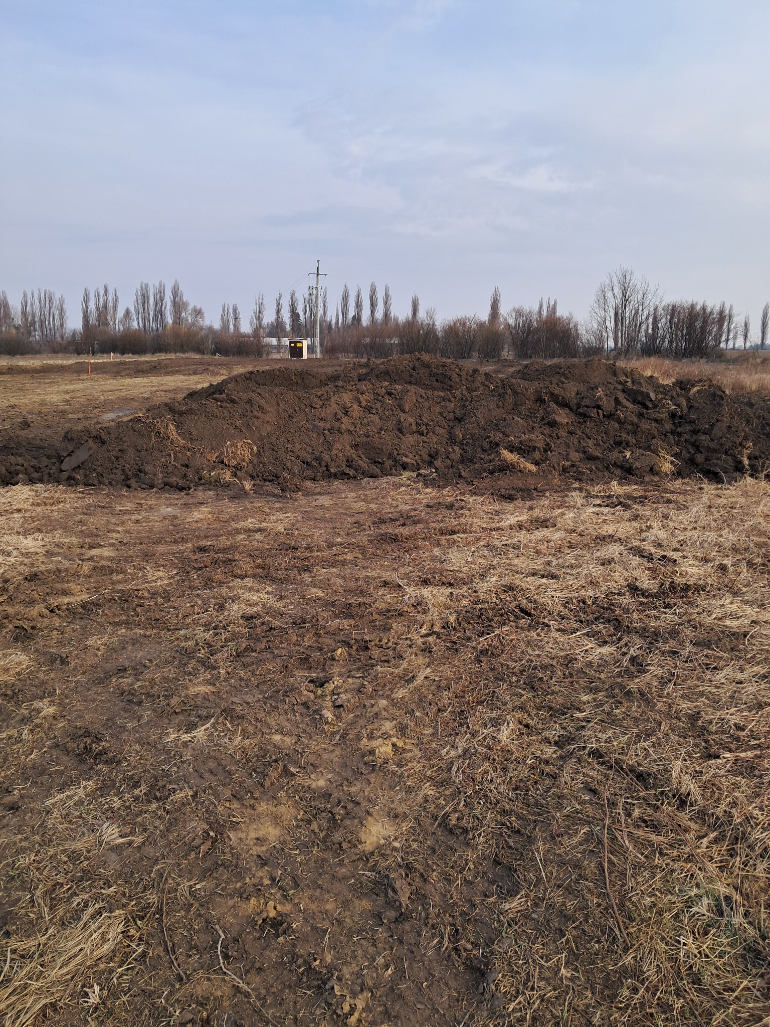 Kupa świeżo wykopanej ziemi na polu, widoczne ślady opon, w tle drzewa i słup elektryczny.