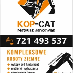Grafika reklamowa firmy KOP-CAT Mateusz Jankowiak, oferującej kompleksowe roboty ziemne, usługi koparko-ładowarką, w tym wykopy pod fundament, rozbiórki i wyburzenia, niwelowanie terenu, załadunek...