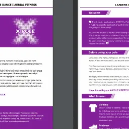 Ulotka informacyjna X-POLE XPERT Pro dotycząca pole dance i aerial fitness, z sekcjami 'Cześć!', 'Przed użyciem drążka' i 'Strój do ćwiczeń', zawierająca porady bezpieczeństwa i rekomendacje...