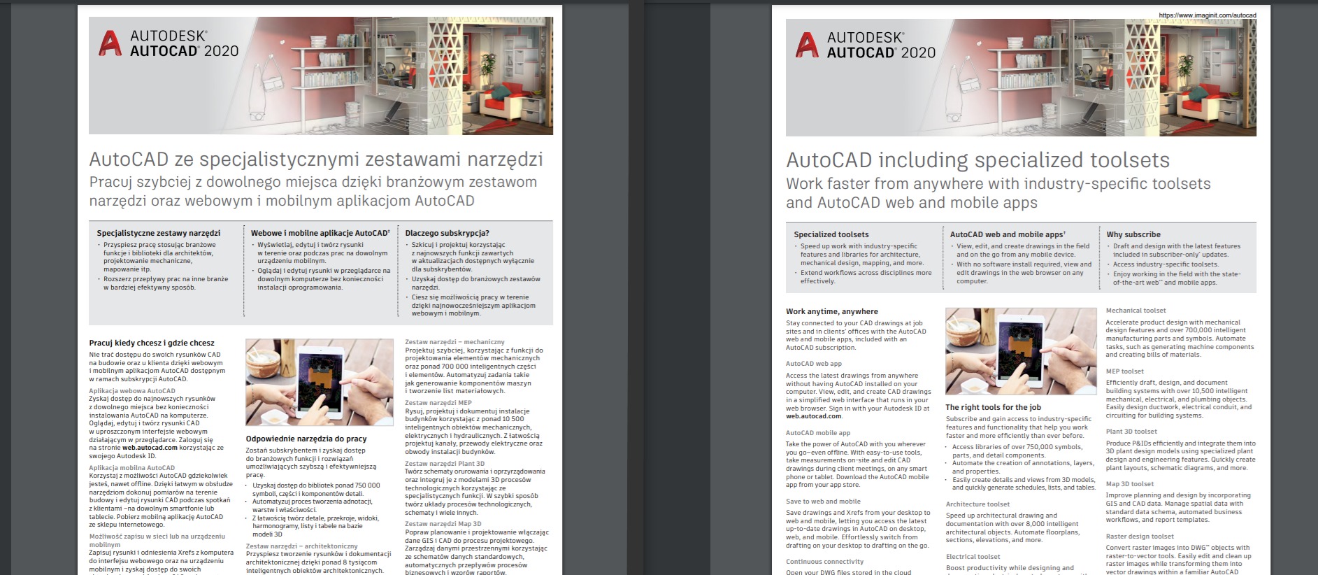 Ulotka reklamowa programu AutoCAD 2020, prezentująca specjalistyczne zestawy narzędzi do projektowania architektonicznego, mechanicznego, mapowania i innych branż, z możliwością pracy z dowolnego...