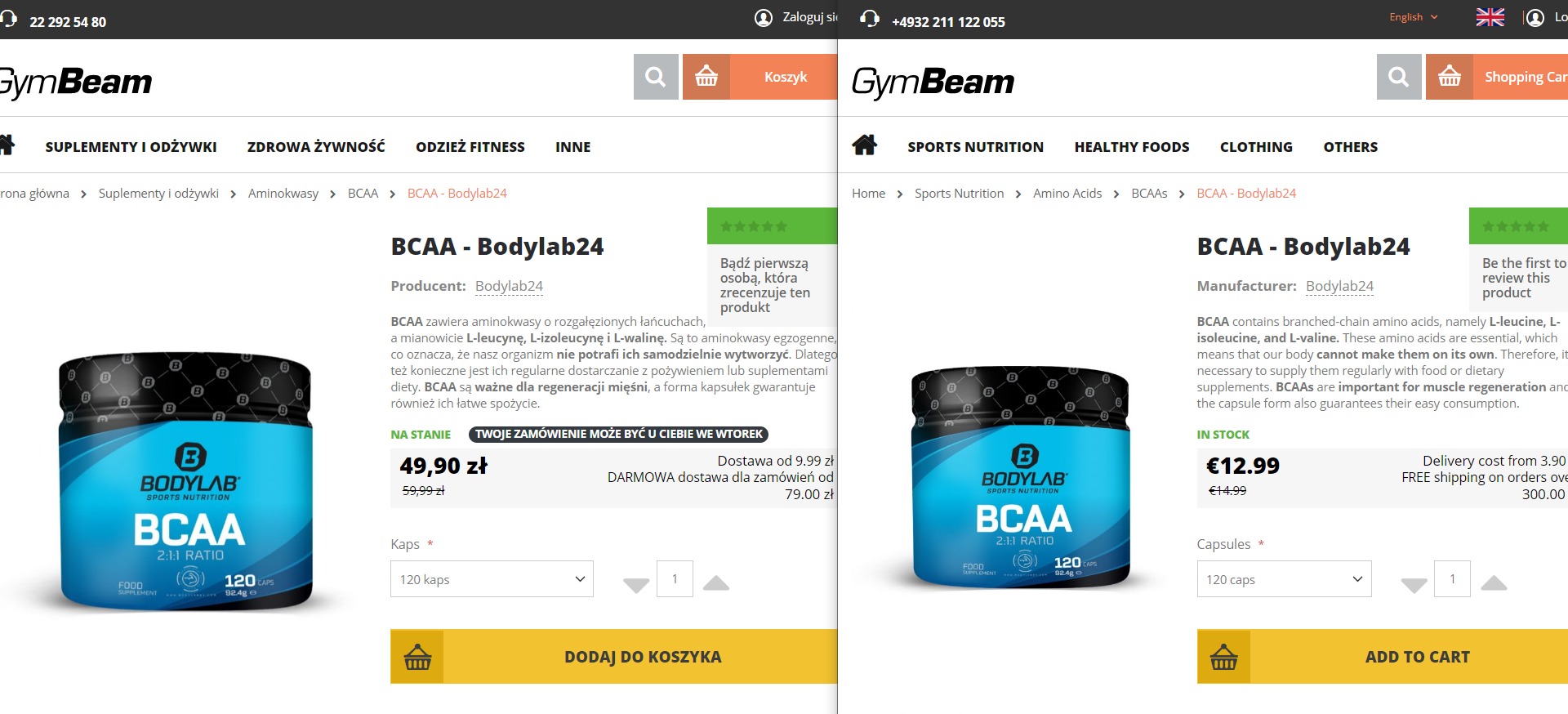 Zdjęcie opakowania suplementu diety BCAA marki Bodylab, prezentowanego na stronie sklepu internetowego GymBeam, z widoczną ceną i opcjami wyboru ilości kapsułek.