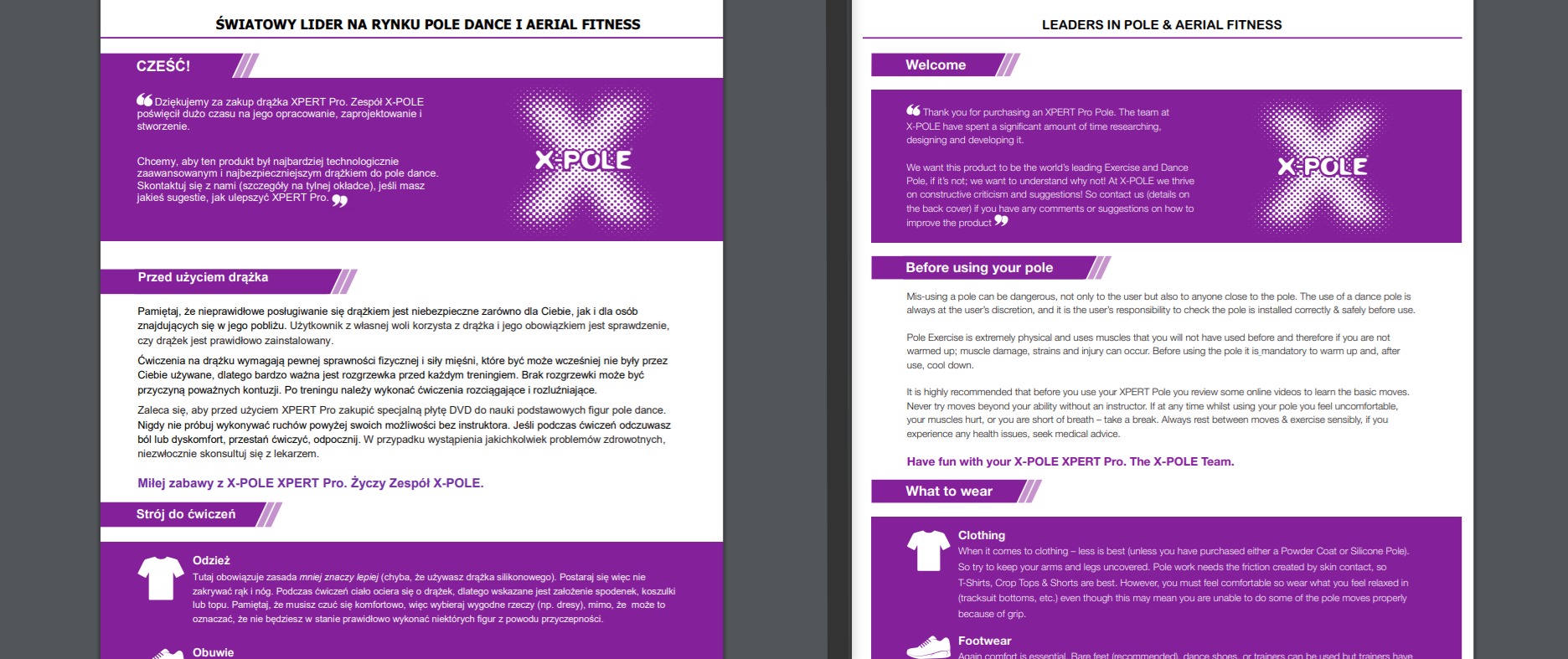 Ulotka informacyjna X-POLE XPERT Pro dotycząca pole dance i aerial fitness, z sekcjami 'Cześć!', 'Przed użyciem drążka' i 'Strój do ćwiczeń', zawierająca porady bezpieczeństwa i rekomendacje...