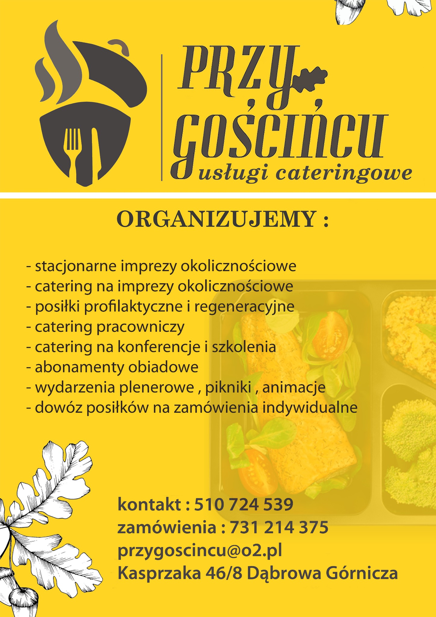 Żółte tło z czarnym logo i tekstem informujące o ofercie cateringowej, w tym catering pracowniczy i na imprezy okolicznościowe, z danymi kontaktowymi i adresem firmy.