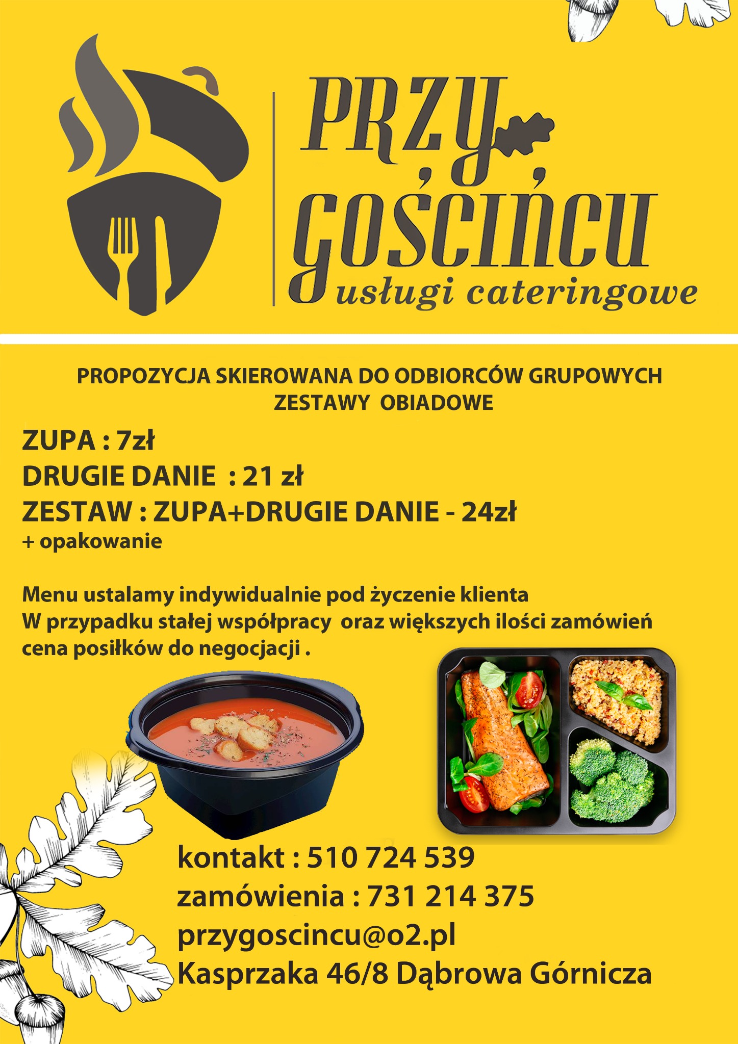 Żółty plakat reklamowy z logo, daniami obiadowymi w pojemnikach na wynos, zupą z grzankami, cennikiem i danymi kontaktowymi firmy cateringowej.