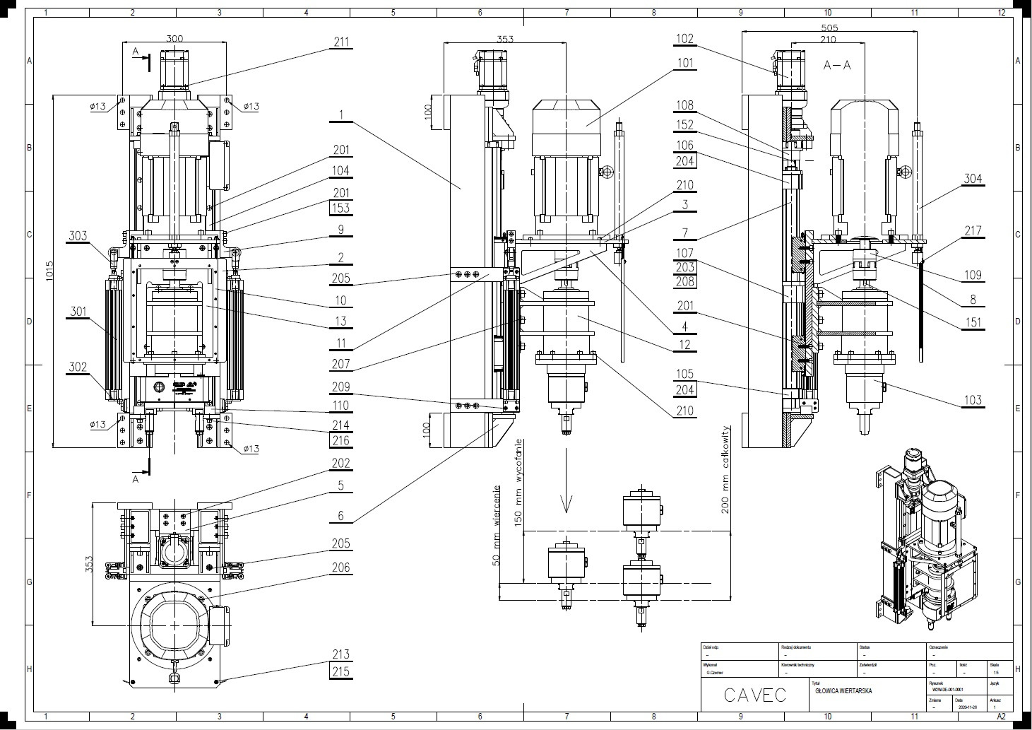 Schemat techniczny głowicy wiertarskiej z wymiarami i oznaczeniami elementów, widok z przodu i z boku, rysunek techniczny.