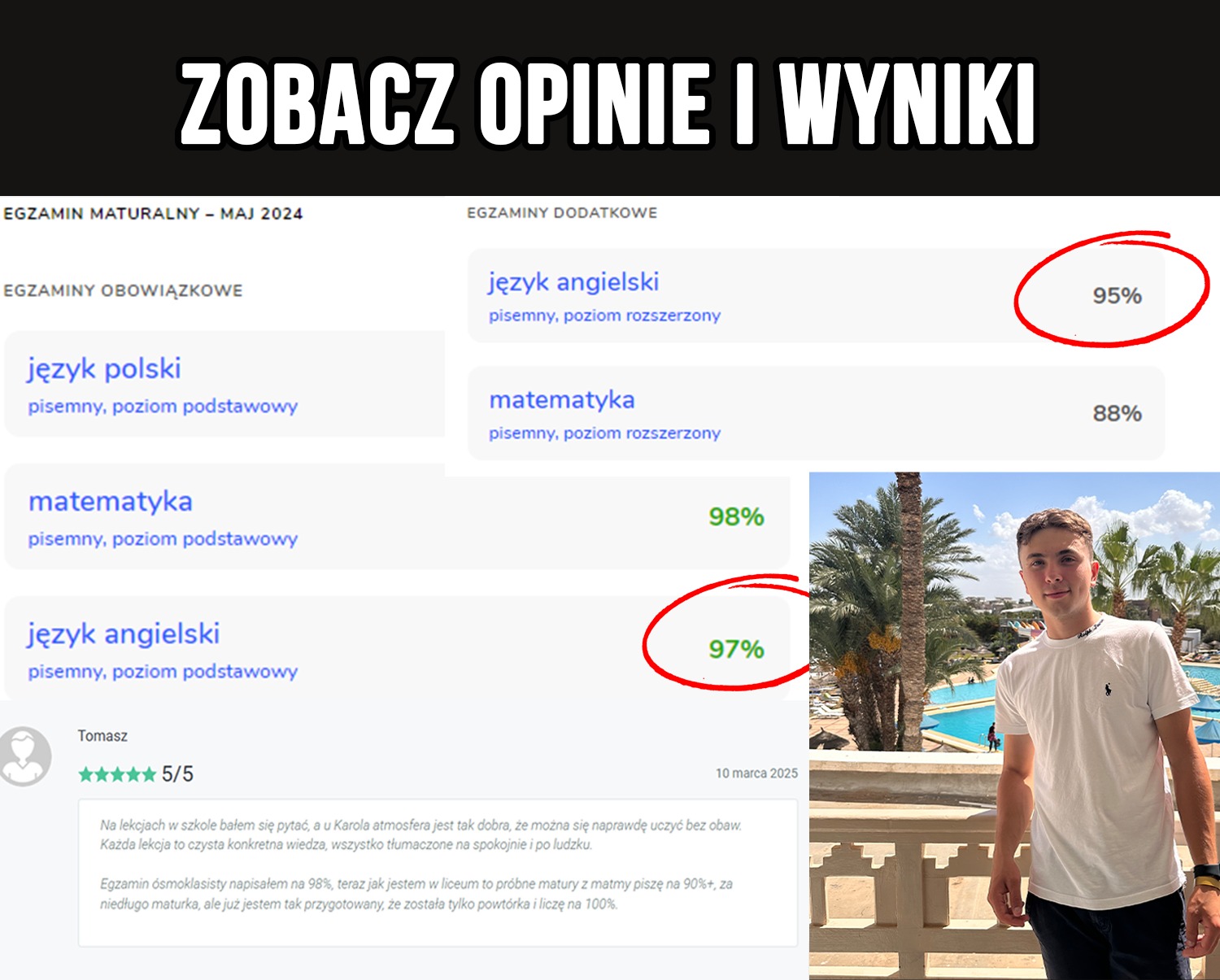 Opinie i wyniki nauczania angielskiego: uczeń zadowolony, wysokie wyniki z egzaminów maturalnych i ósmoklasisty, pozytywna opinia o nauczycielu. Egzaminy maj 2024.