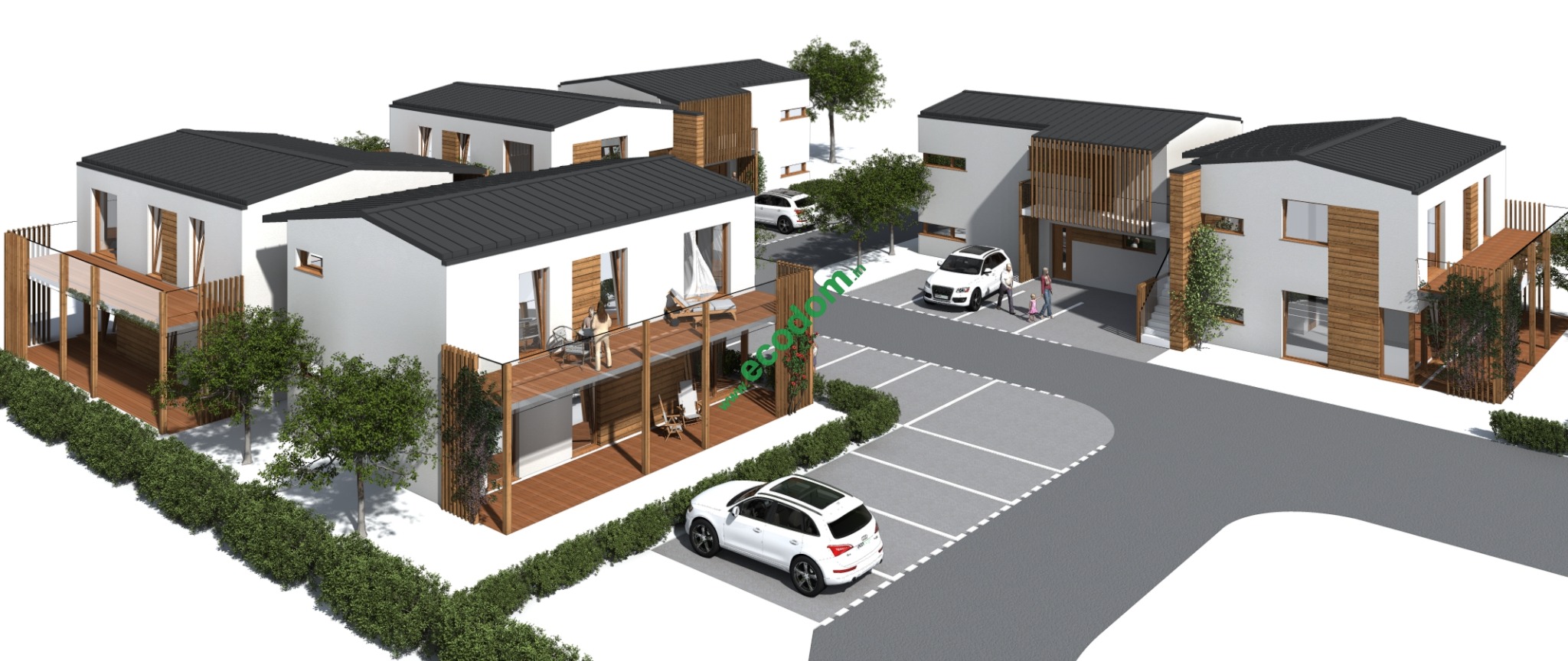 Wizualizacja osiedla domów z płaskimi dachami, wykończonych drewnem, z drewnianymi tarasami i balkonami, z miejscami parkingowymi i zielenią.