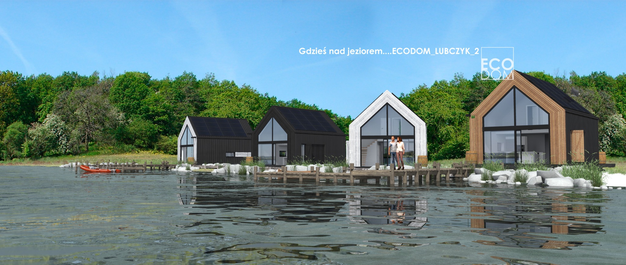 Wizualizacja osiedla nowoczesnych domków letniskowych nad jeziorem z panelami słonecznymi na dachu, drewnianymi pomostami i łodzią ratunkową przy brzegu.