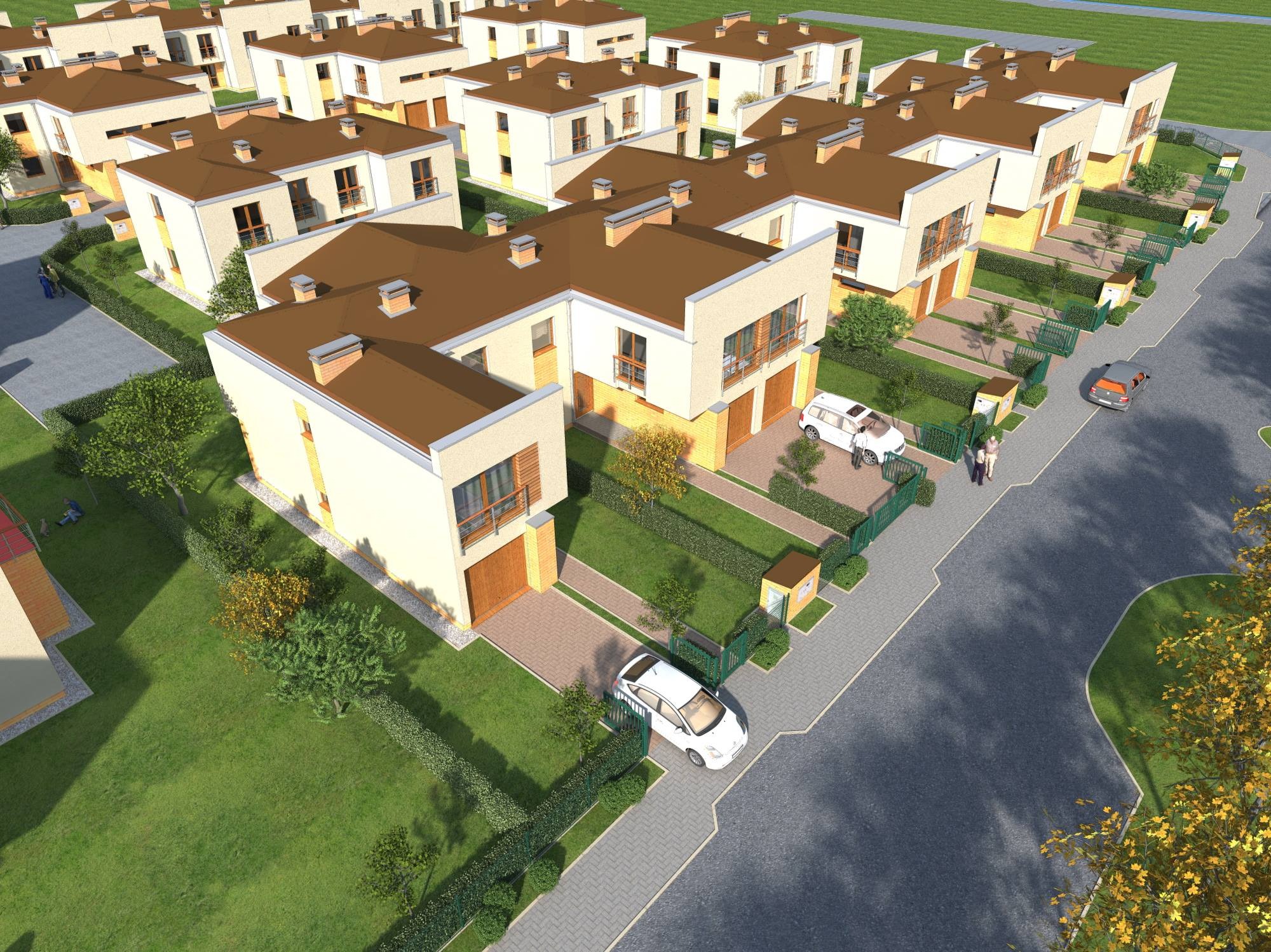 Wizualizacja osiedla domów jednorodzinnych z brązowymi dachami, kremowymi elewacjami i garażami, widok z lotu ptaka, zagospodarowany teren zielony z ogrodzeniami i podjazdami z kostki.