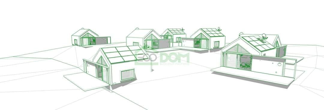 Wizualizacja osiedla domów jednorodzinnych z panelami słonecznymi na dachach, prezentowana w formie szkicu architektonicznego z zielonymi konturami na białym tle.