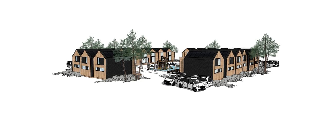 Wizualizacja osiedla domków modułowych z czarnymi dachami i jasnymi elewacjami, z placem zabaw i basenem pośrodku, otoczona drzewami i zaparkowanymi samochodami.