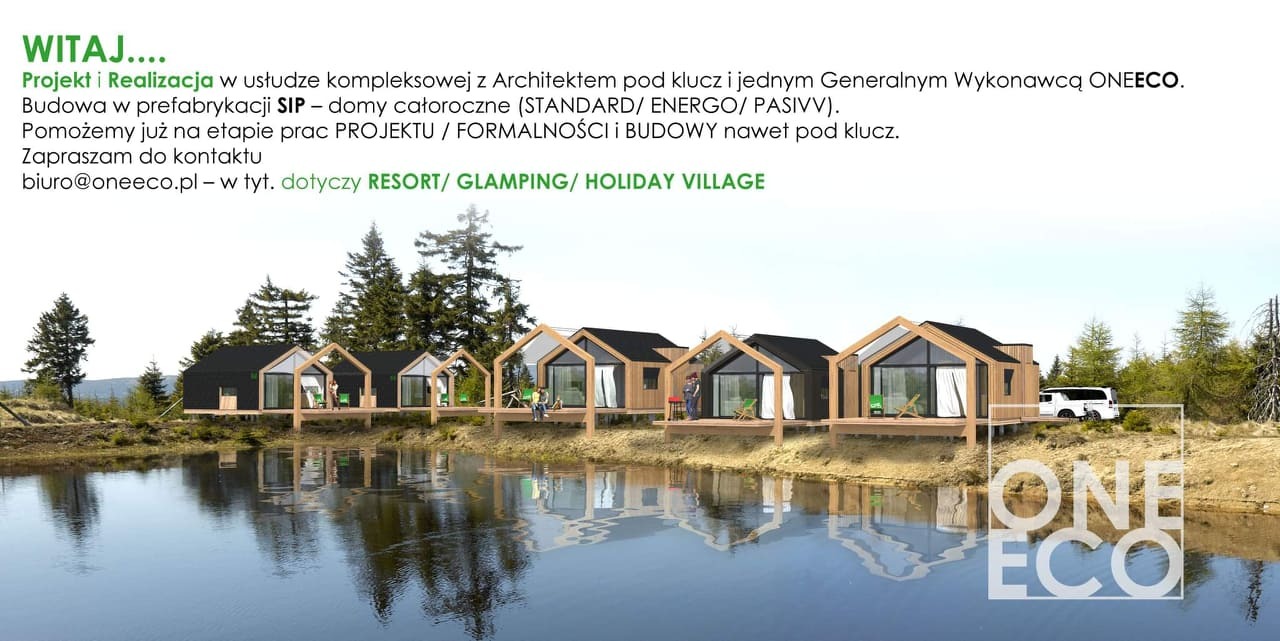 Wizualizacja szeregu nowoczesnych, drewnianych domków letniskowych nad jeziorem, z widocznymi osobami na tarasach i samochodem w tle, prezentująca projekt budowlany z logo firmy ONEECO.