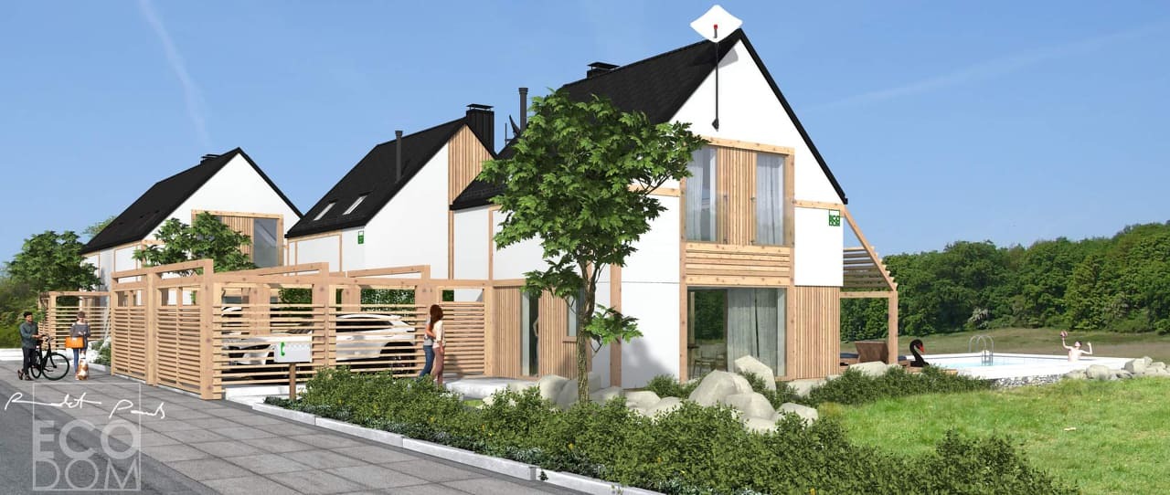 Wizualizacja osiedla nowoczesnych domów z białymi elewacjami i drewnianymi elementami, z basenem w tle i osobami w otoczeniu.