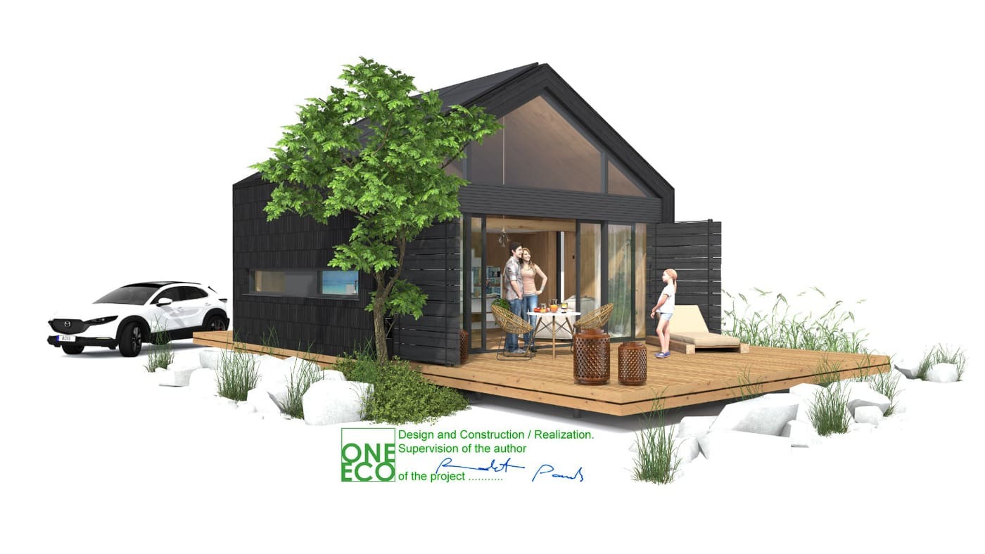 Wizualizacja projektu nowoczesnego domu z czarną elewacją, drewnianym tarasem i białym samochodem zaparkowanym obok, z elementami krajobrazu takimi jak drzewo i białe kamienie.