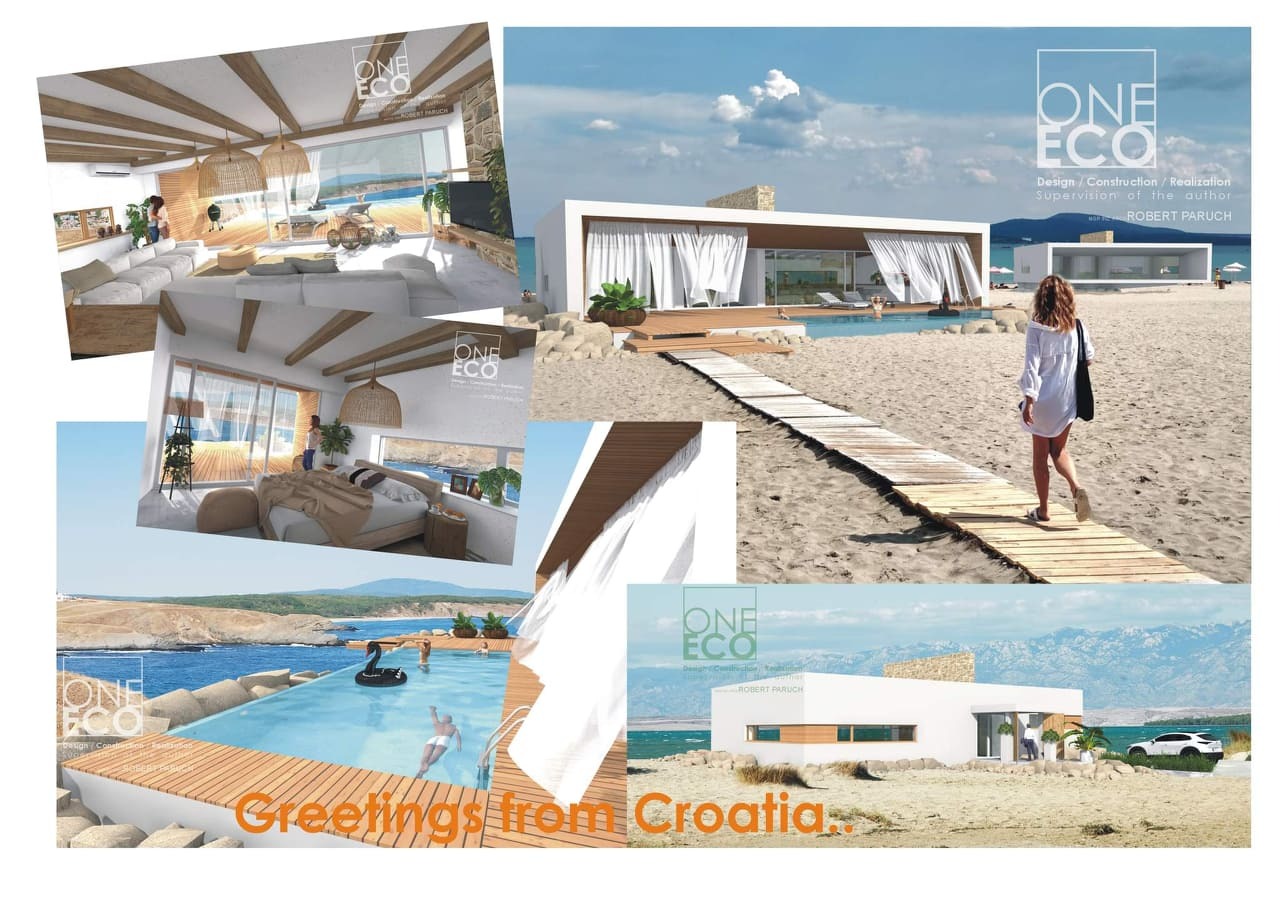 Kolaż wizualizacji domu szkieletowego z elementami architektury nadmorskiej, z drewnianymi belkami stropowymi, dużymi oknami z widokiem na morze i basenem, z logo firmy ONE ECO.