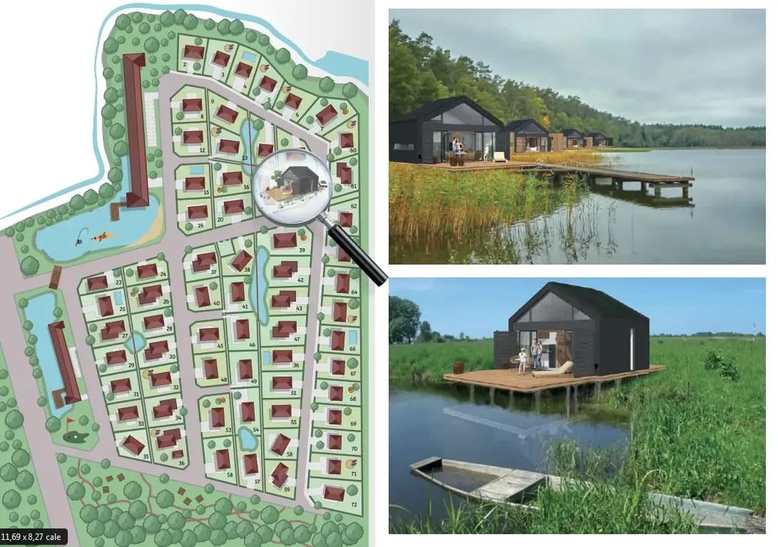 Wizualizacja osiedla domków letniskowych na wodzie, z planem zagospodarowania terenu i detalami wykończenia.