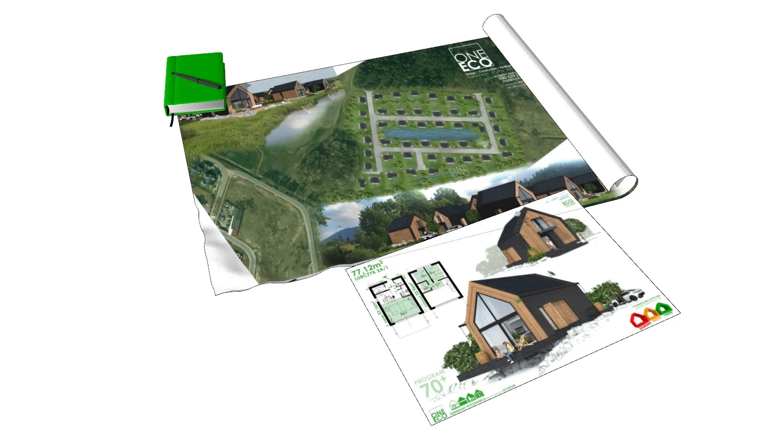 Projekt osiedla z wizualizacjami nowoczesnych domów, planami i wskaźnikami energetycznymi, zwinięty w rulon z zielonym notatnikiem na wierzchu.