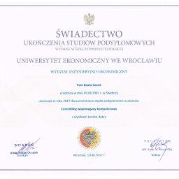 Skan świadectwa ukończenia studiów podyplomowych z Uniwersytetu Ekonomicznego we Wrocławiu, wydanego w 2017 roku, z podpisami Dziekana i Prorektora.