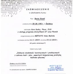 Skan zaświadczenia o ukończeniu kursu Kadry, Płace, ZUS z obsługą programów Gratyfikant GT i Płatnik, wydanego przez MEFISTO Anna Malicka, Świdnica, 15.12.2019.