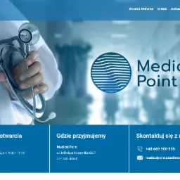 Strona internetowa centrum medycznego Medical Point z widocznym zdjęciem lekarza ze stetoskopem w tle.