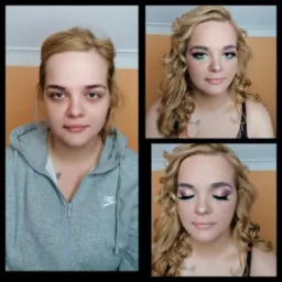 Kolaż przedstawiający metamorfozę: twarz kobiety przed i po wykonaniu profesjonalnego, kolorowego make-upu z podkreślonymi oczami i ustami, oraz ułożonymi blond włosami.