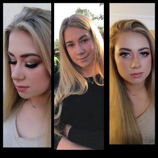 Kolaż portretowy blondynki przed i po aplikacji kosmetyków, uwydatniający różnice w makijażu oczu i ust.