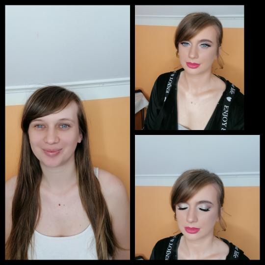 Kolaż przedstawiający kobietę przed i po wykonaniu makijażu, z różnymi ujęciami podkreślającymi detale, takie jak pomalowane usta i podkreślone oczy.