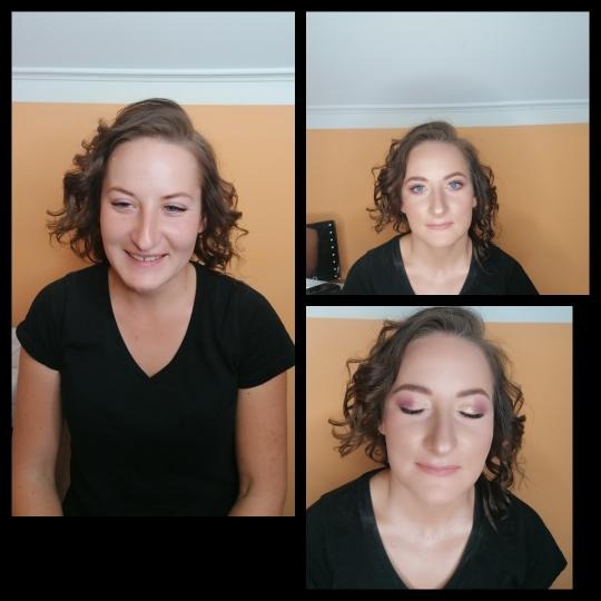 Kolaż przedstawiający klientkę przed i po makijażu: naturalny makijaż dzienny z podkreślonymi oczami i delikatnymi ustami, włosy kręcone.