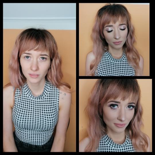 Kolaż przedstawiający transformację kobiety: po lewej twarz bez makijażu, u góry po prawej makijaż z błyszczącym cieniem do powiek, u dołu po prawej bardziej wyrazisty makijaż z eyelinerem.